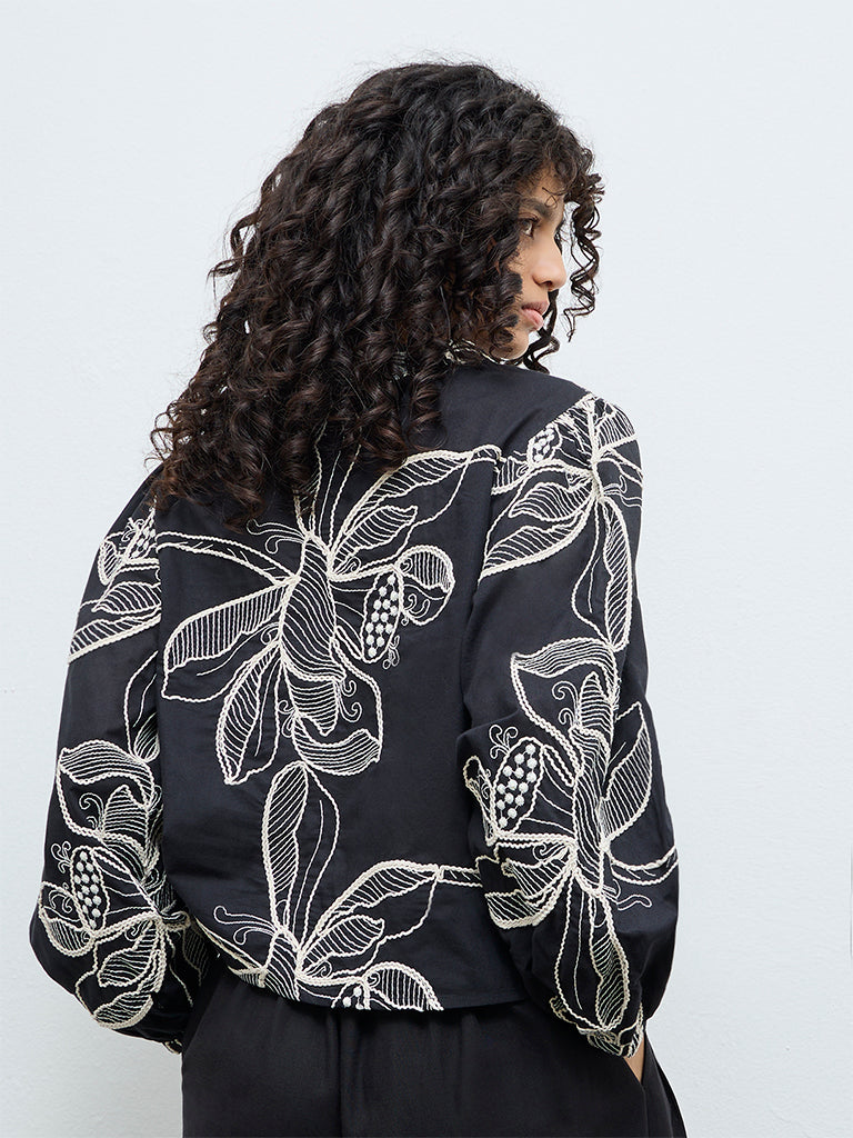 LOV Black Foliage Embroidered Cotton Blouse