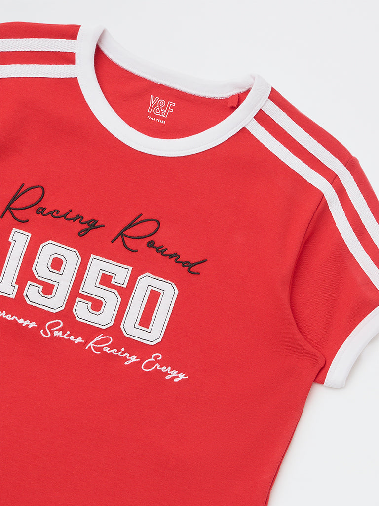 Girls Red Text Design Cotton-Blend T-Shirt