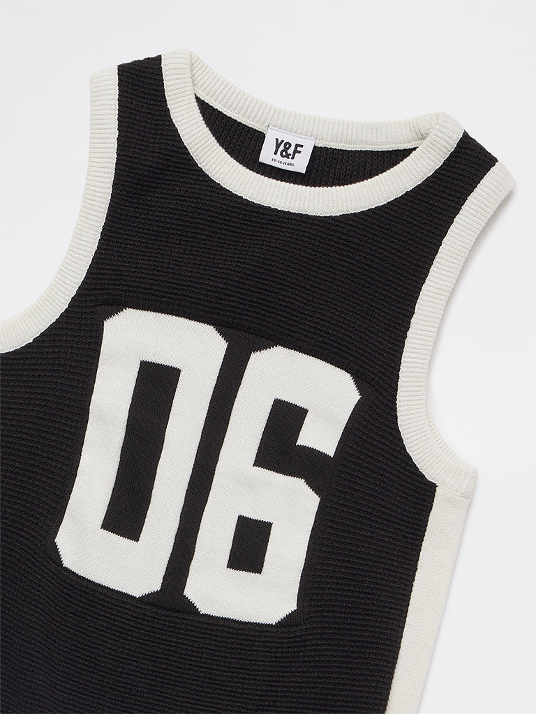 Girls Black Numerical Design Cotton T-Shirt