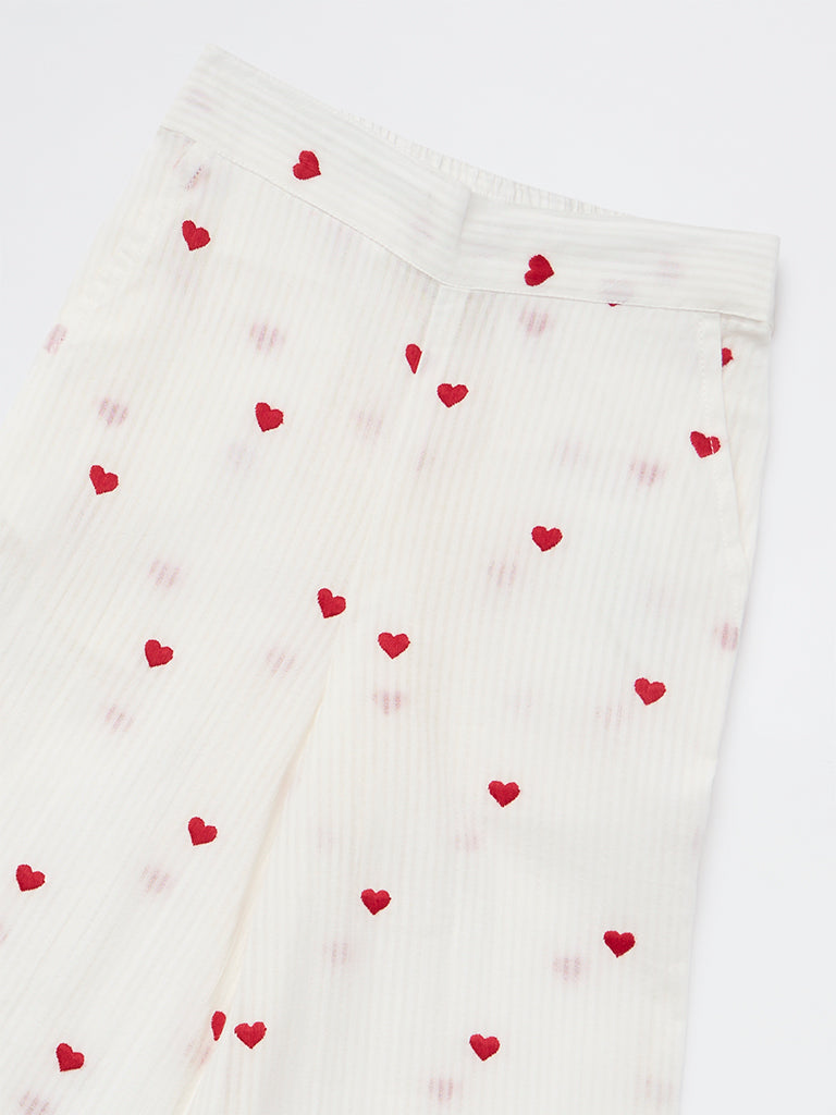 Utsa Kids Girls White Heart Embroidered Cotton Pants - (2-8 yrs)