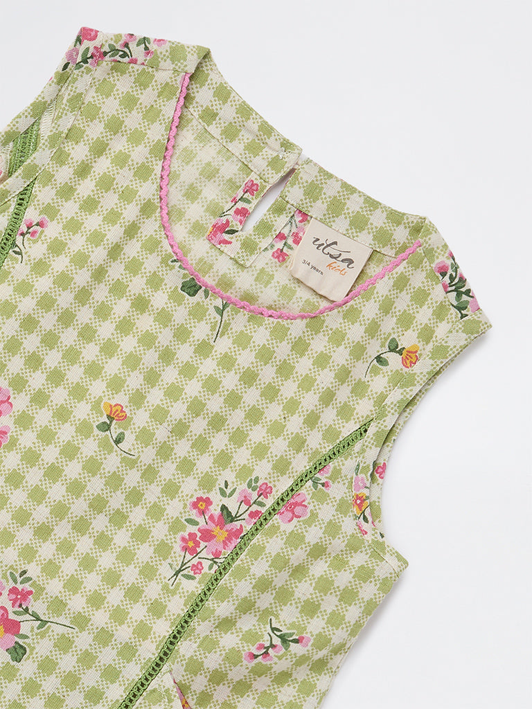 Utsa Kids Girls Green Checkered A-Line Cotton-Blend Dress - (2-8 yrs)