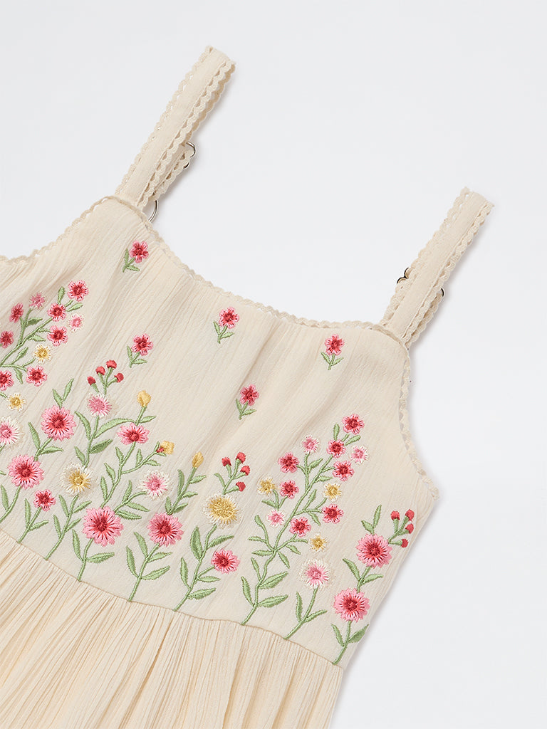 Utsa Kids Girls Light Peach Floral Embroidered A-Line Dress - (2-8 yrs)