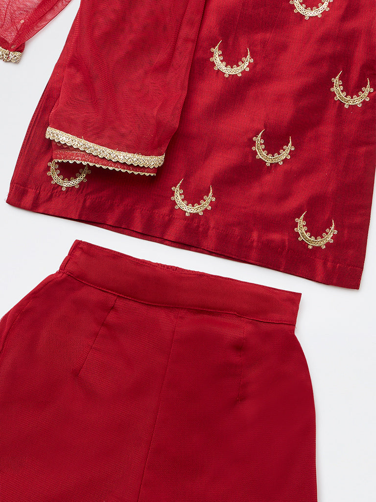 Utsa Kids Girls Red Embroidered Shara Ethnic Set - (2-8 yrs)