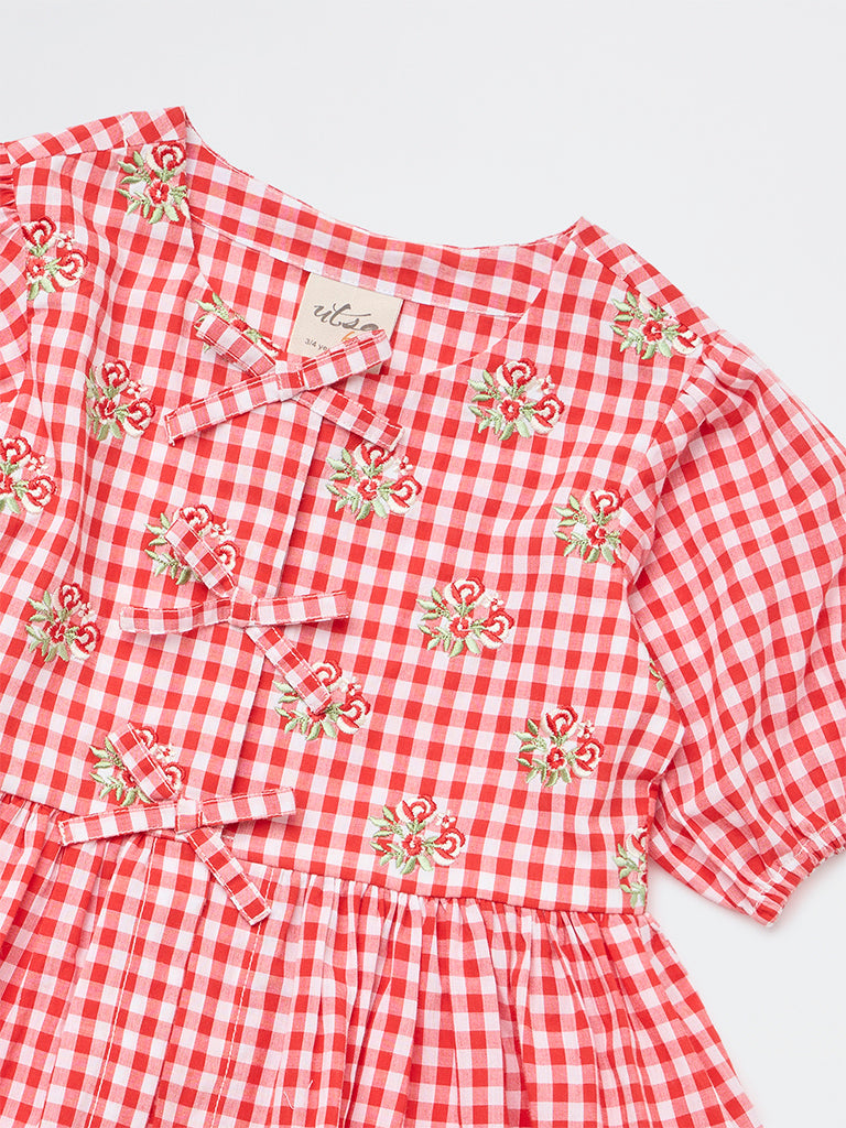 Utsa Kids Girls Red Gingham Check Cotton Peplum Top - (2-8 yrs)