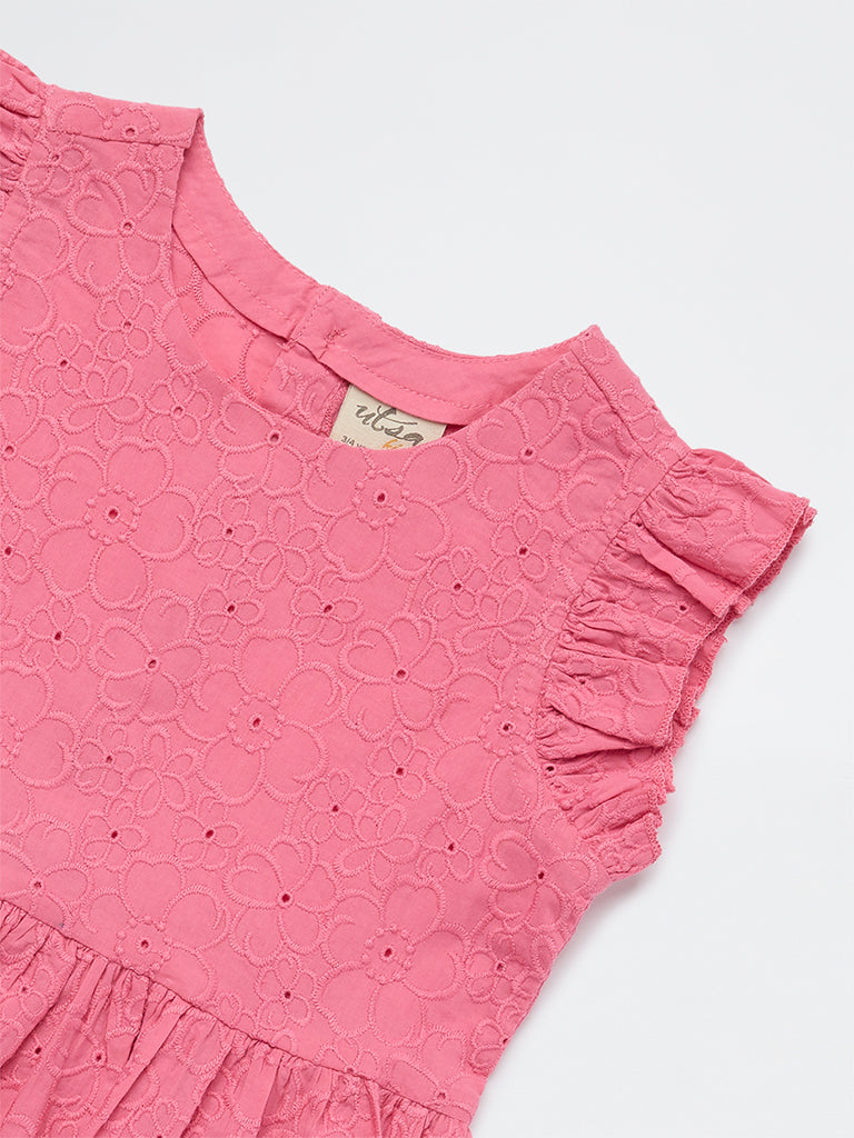Utsa Kids Girls Pink Floral Embroidered Cotton Peplum Top - ( 2-8 yrs)