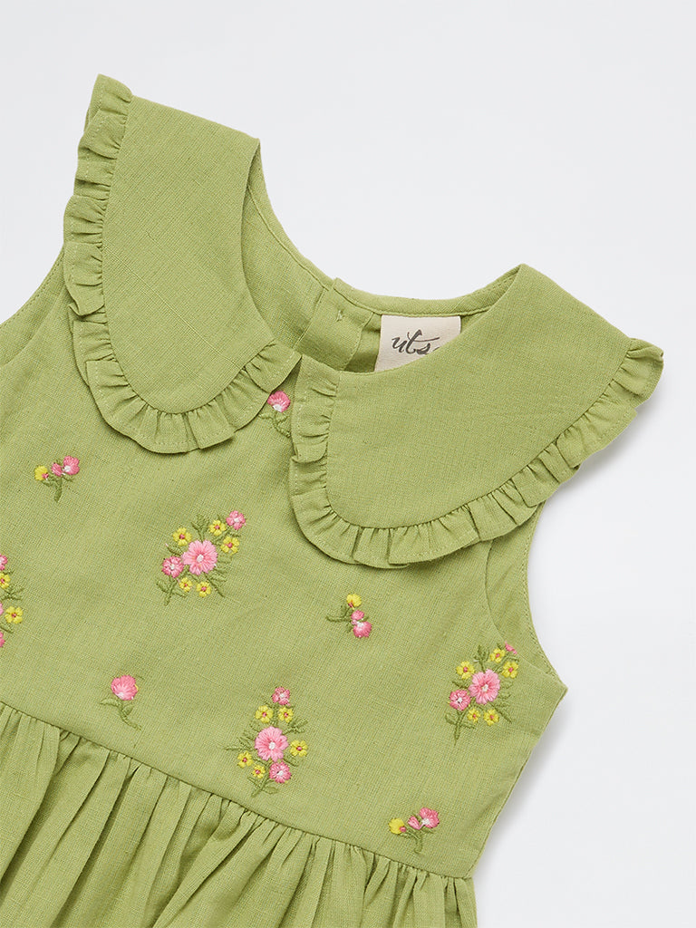 Utsa Kids Girls Lime Floral Embroidered Cotton-Blend Top - (2-8 yrs)