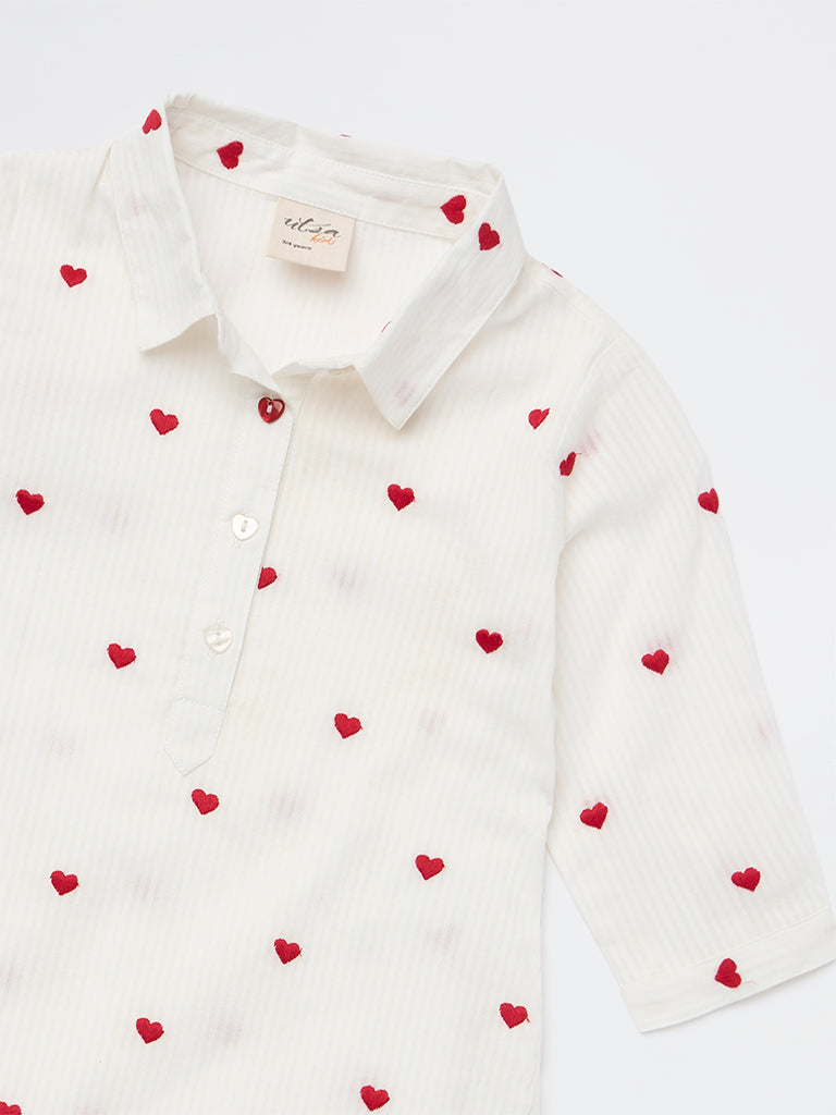 Utsa Kids Girls White Heart Embroidered Cotton Tunic - (2-8 yrs)