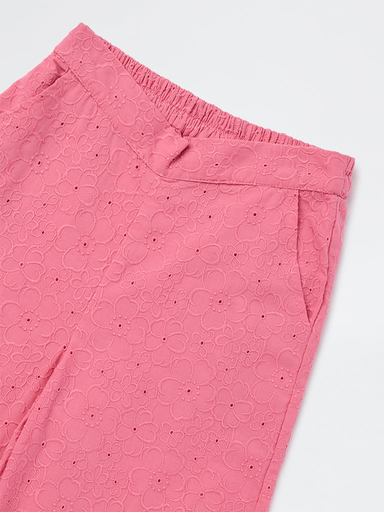 Utsa Kids Girls Pink Floral Embroidered Cotton Pants- (8-14 yrs)