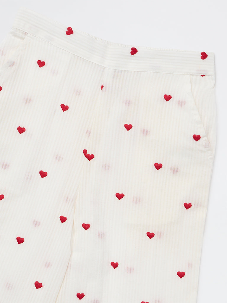 Utsa Kids Girls White Heart Embroidered Cotton Pants - (8-14 years)