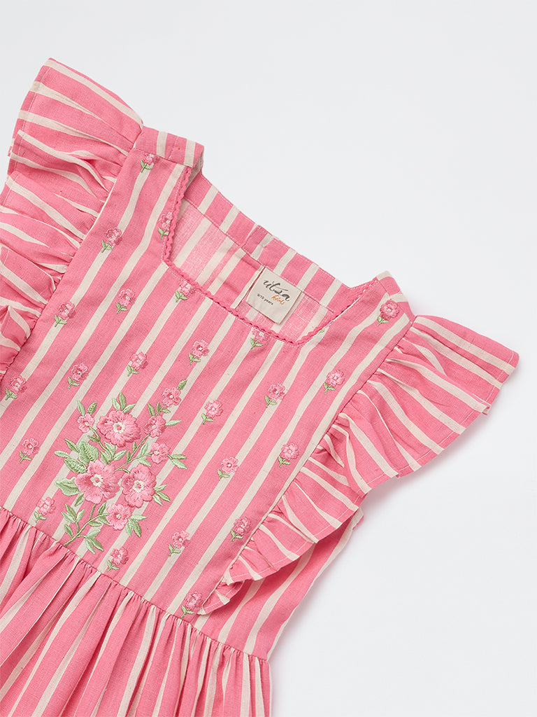 Utsa Kids Girls Pink Striped Tiered Cotton-Blend Dress - (8-14 yrs)
