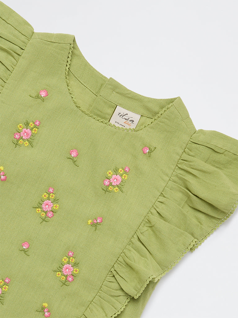 Utsa Kids Girls Lime Floral Embroidered Cotton-Blend Top - (8-14 yrs)