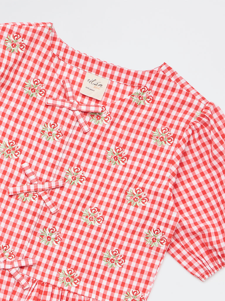 Utsa Kids Girls Red Gingham Check Cotton Peplum Top - (8-14 yrs)
