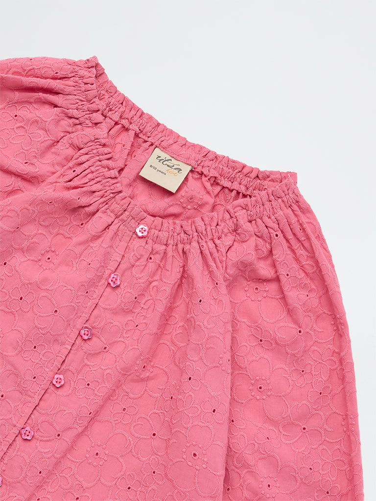 Utsa Kids Girls Pink Floral Embroidered Cotton Top - (8-14 yrs)