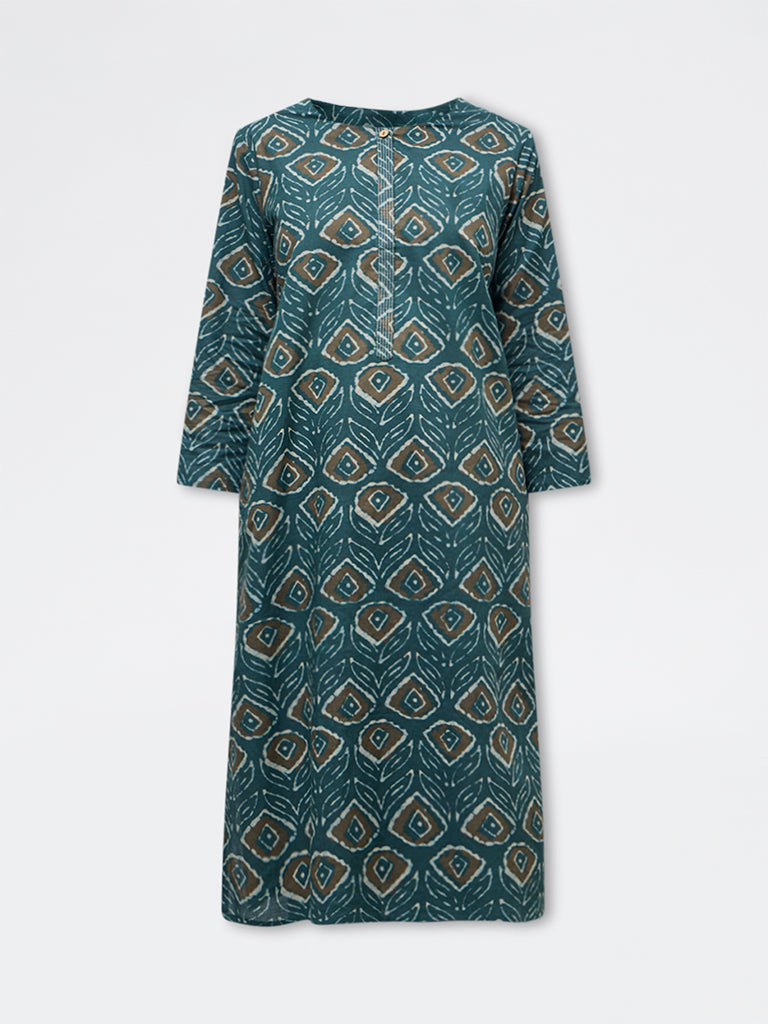 Utsa Green Printed Cotton Straight Kurta