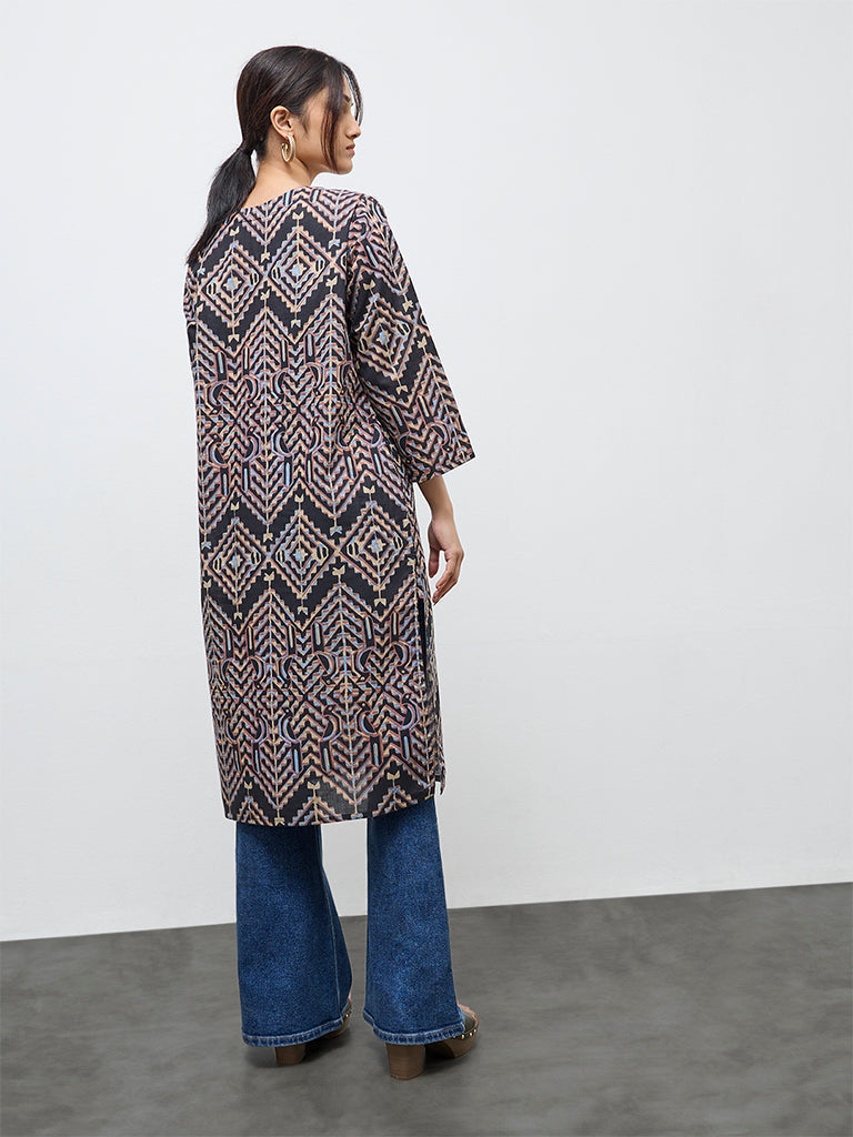 Utsa Black Geometric Design Cotton Straight Kurta