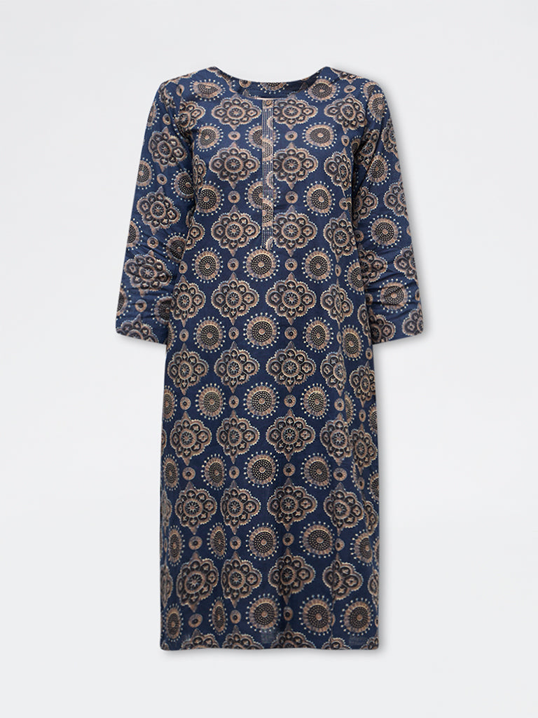 Utsa Indigo Printed Cotton Straight Kurta