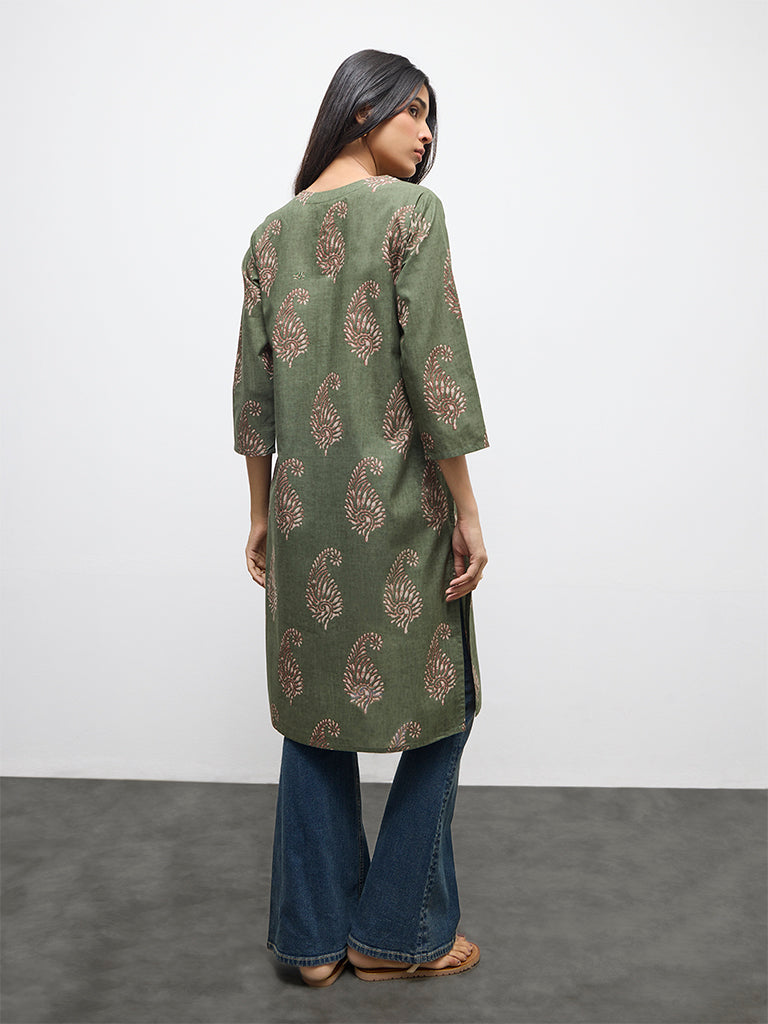 Utsa Olive Paisley Printed Cotton Straight Kurta