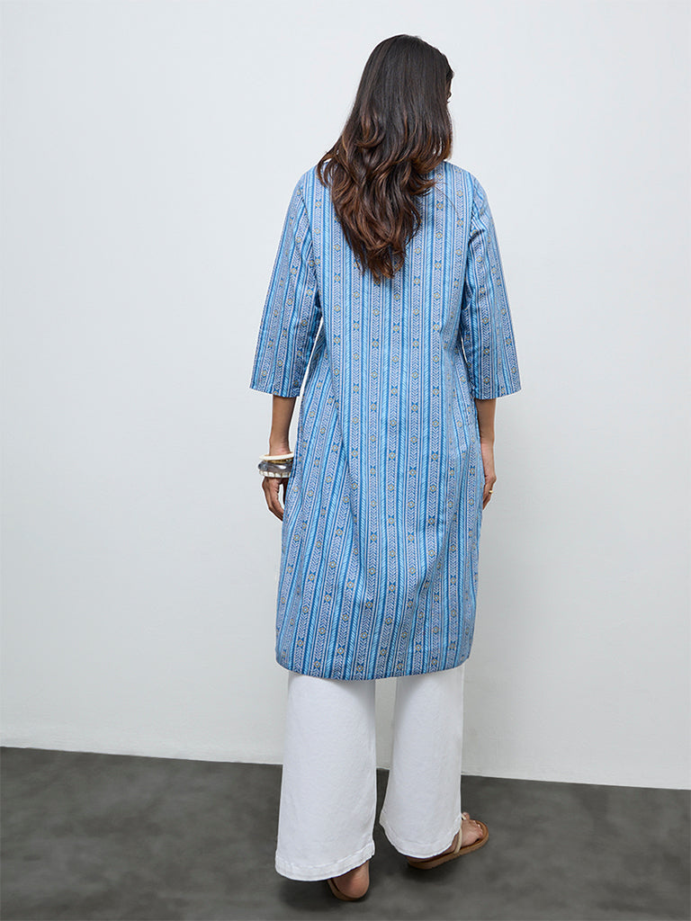 Utsa Blue Leaf Pattern Cotton Straight Kurta