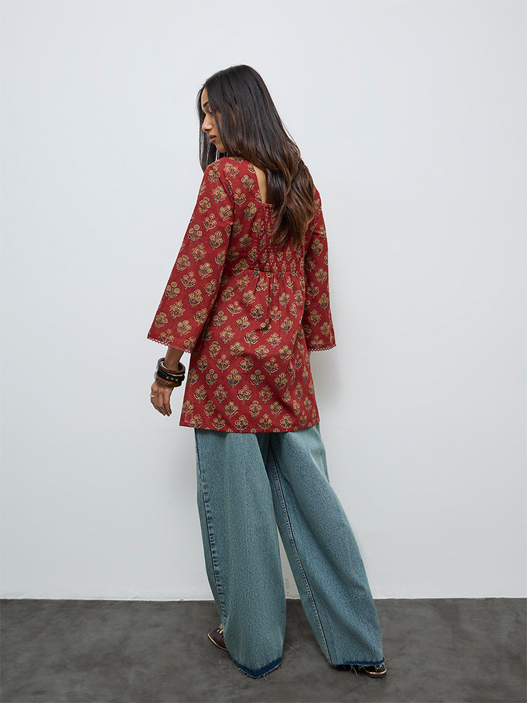 Utsa Red Floral Boota Design Cotton Tunic