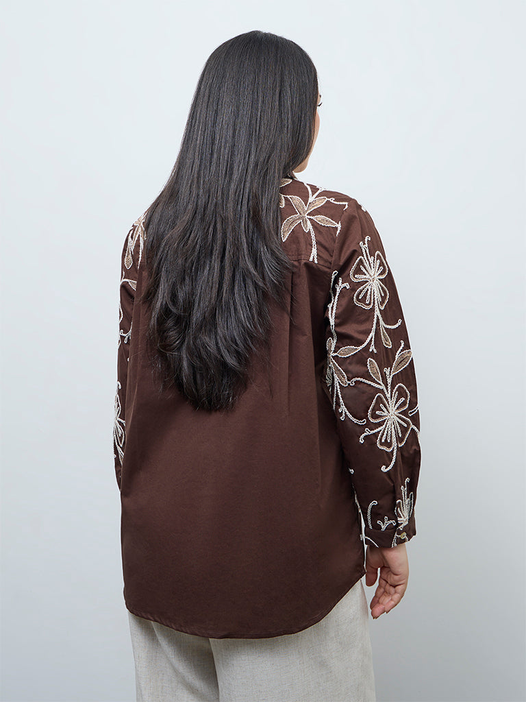 Gia Dark Brown Floral Embroidered Cotton Shirt