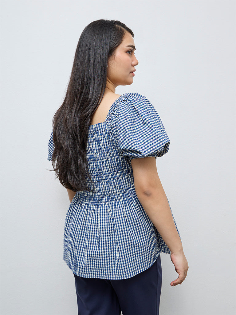 Gia Indigo Checkered Cotton Peplum Top