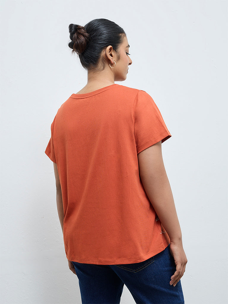 Gia Dark Orange Floral Printed Cotton T-Shirt