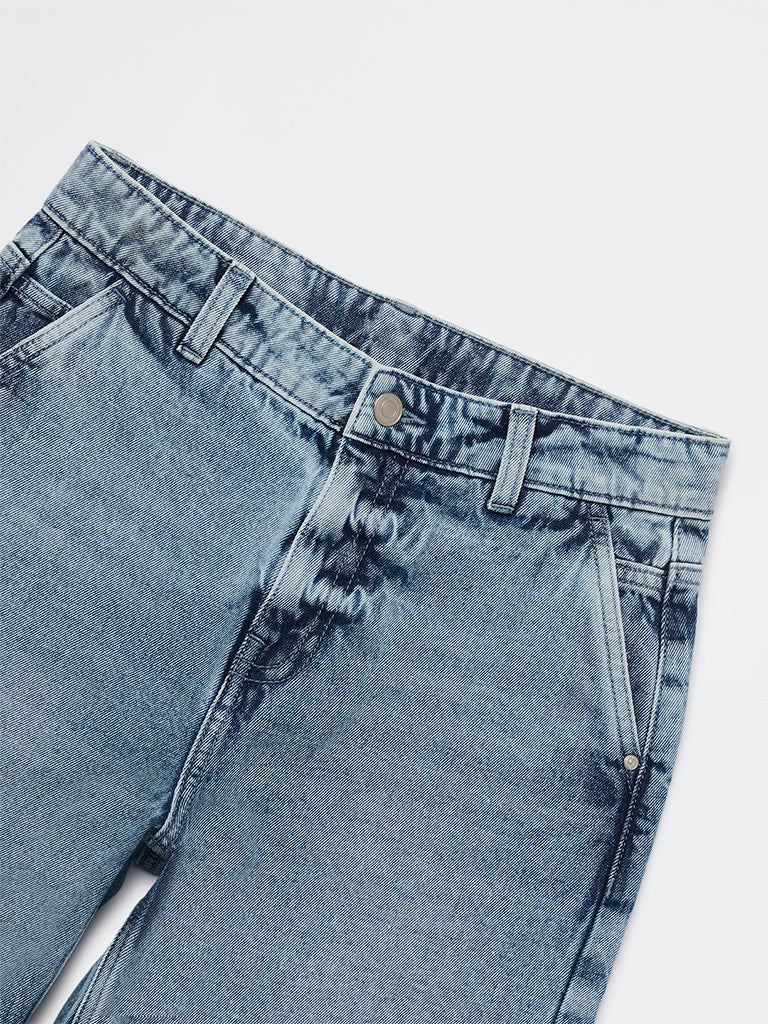 Boys Blue Faded Mid-Rise Denim Shorts