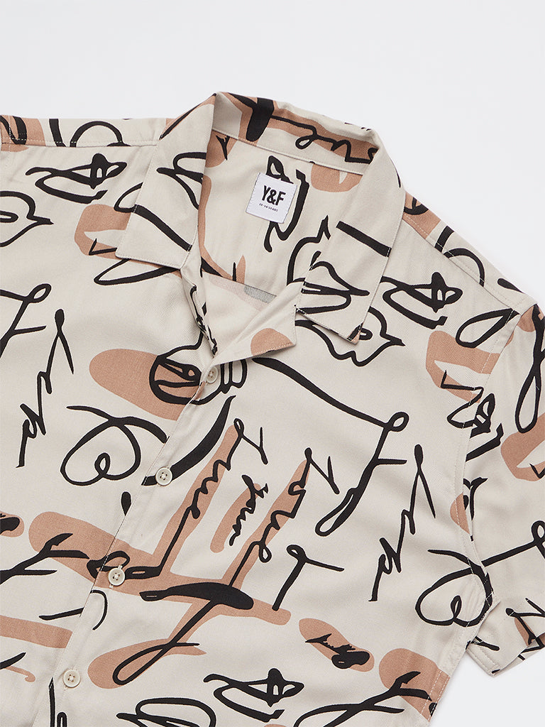Boys Taupe Printed Shirt