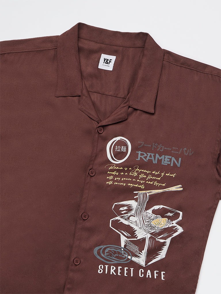 Boys Dark Brown Printed Shirt