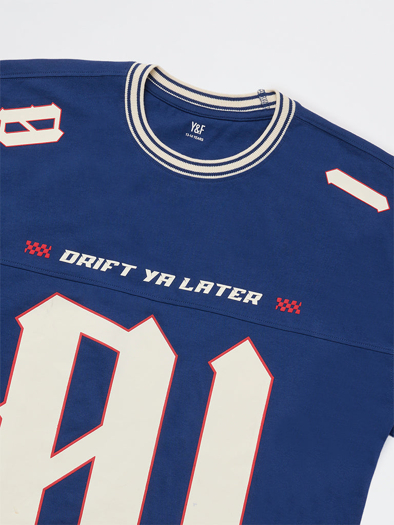 Boys Blue Graphic Printed Cotton T-Shirt