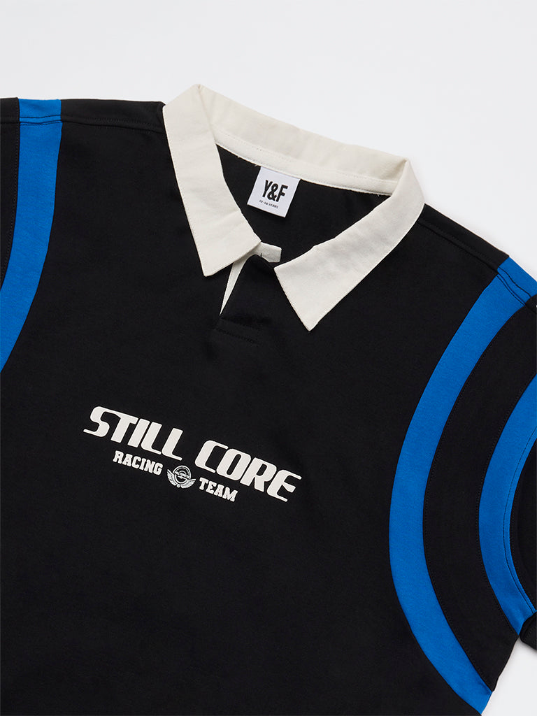 Boys Black Printed Cotton T-Shirt