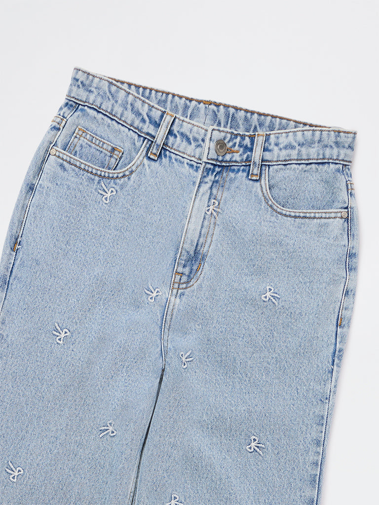 Girls Blue Embroidered High-Rise Jeans