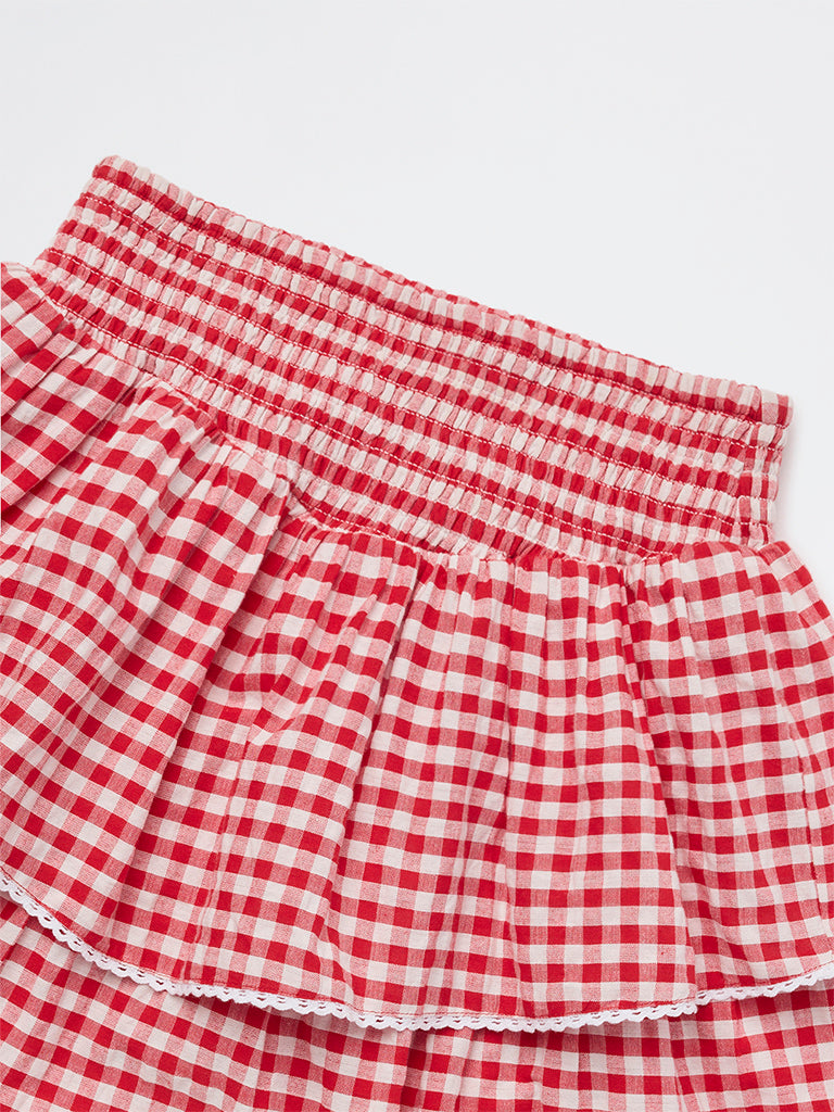 Girls Red Checkered Tiered Cotton Skirt
