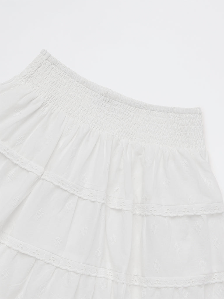 Girls White Embroidered Cotton Tiered Skirt