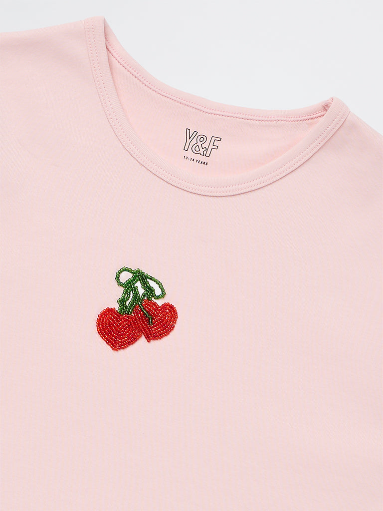 Girls Pink Embellished Cotton-Blend T-Shirt