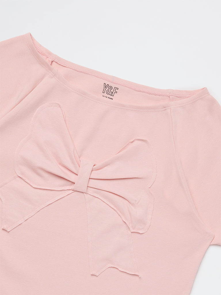 Girls Light Pink Bow Design Cotton-Blend Top