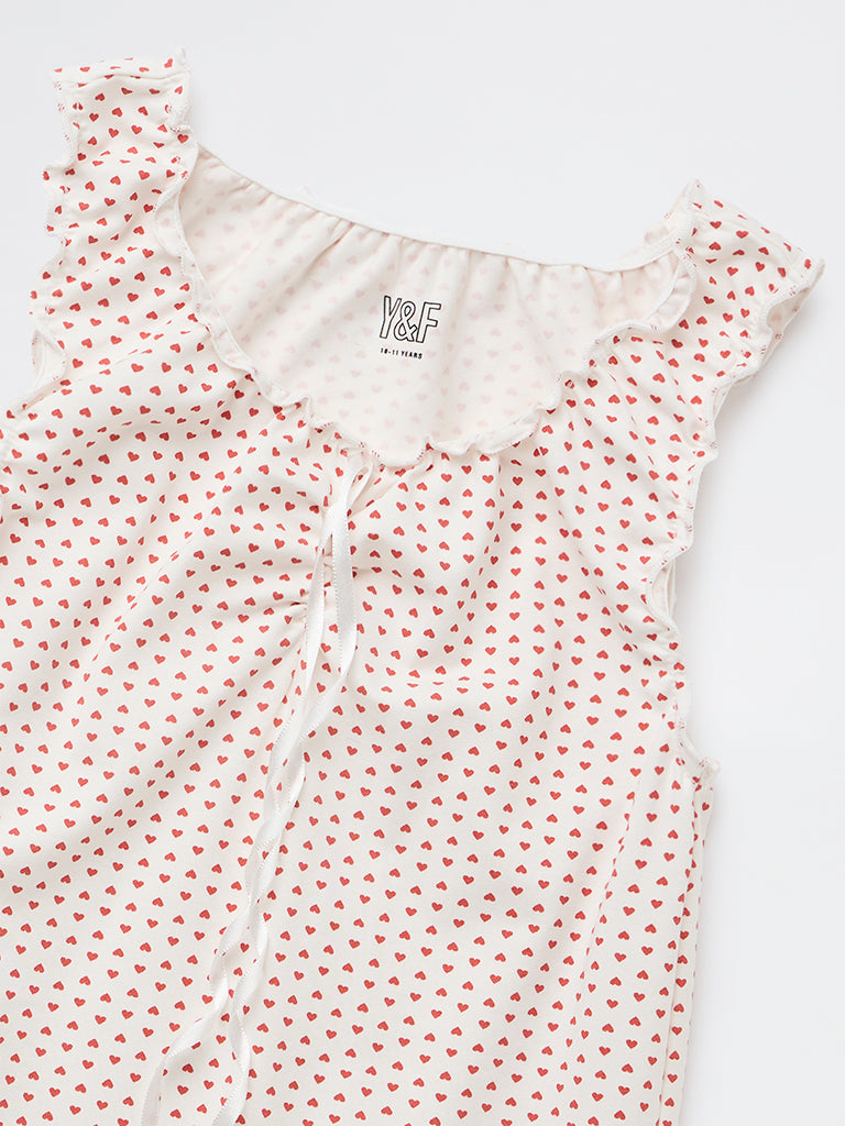 Girls White Heart Printed Cotton-Blend Top