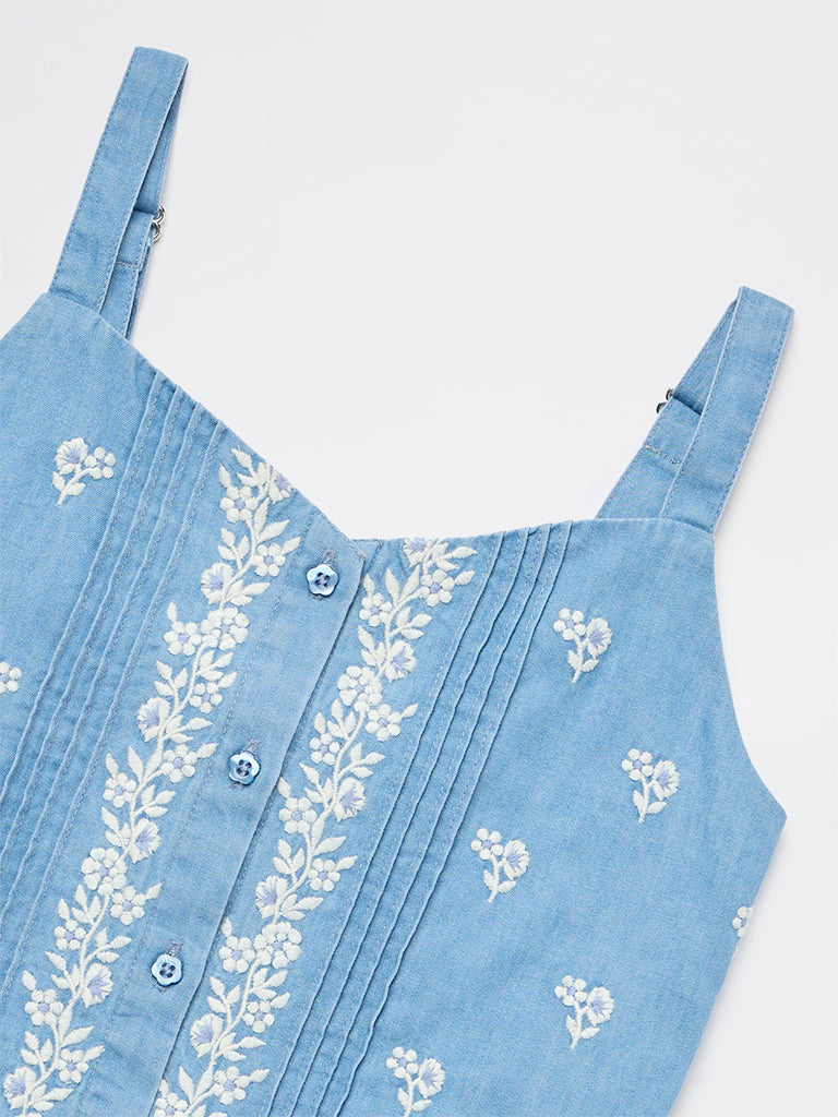 Utsa Kids Girls Blue Floral Embroidered Denim Top - (8-14 yrs)