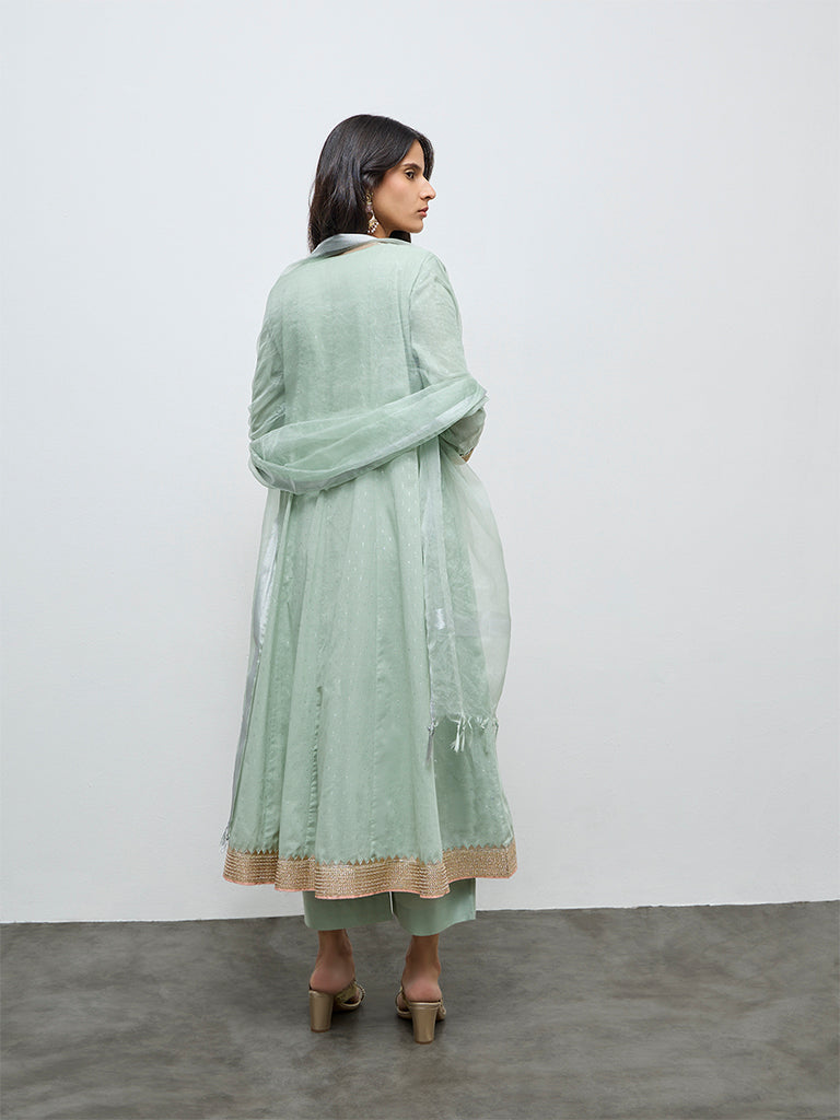 Vark Mint Floral Embroidered Cotton-Blend A-Line Ethnic Set