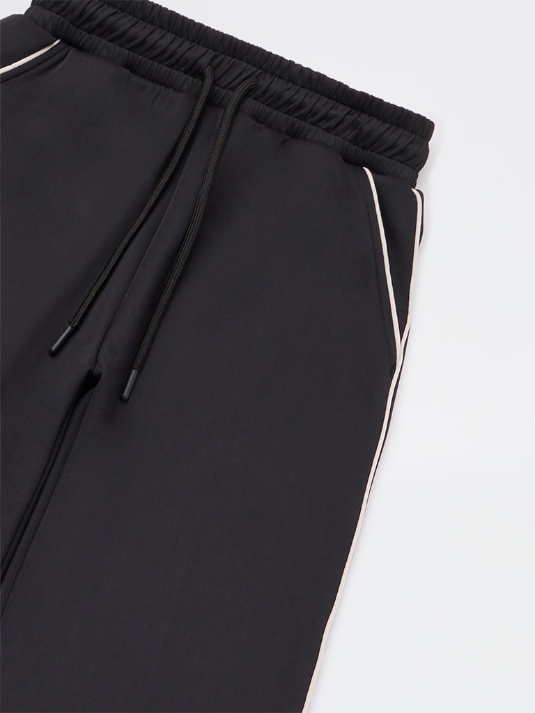 Girls Black Solid High-Rise Track Pants