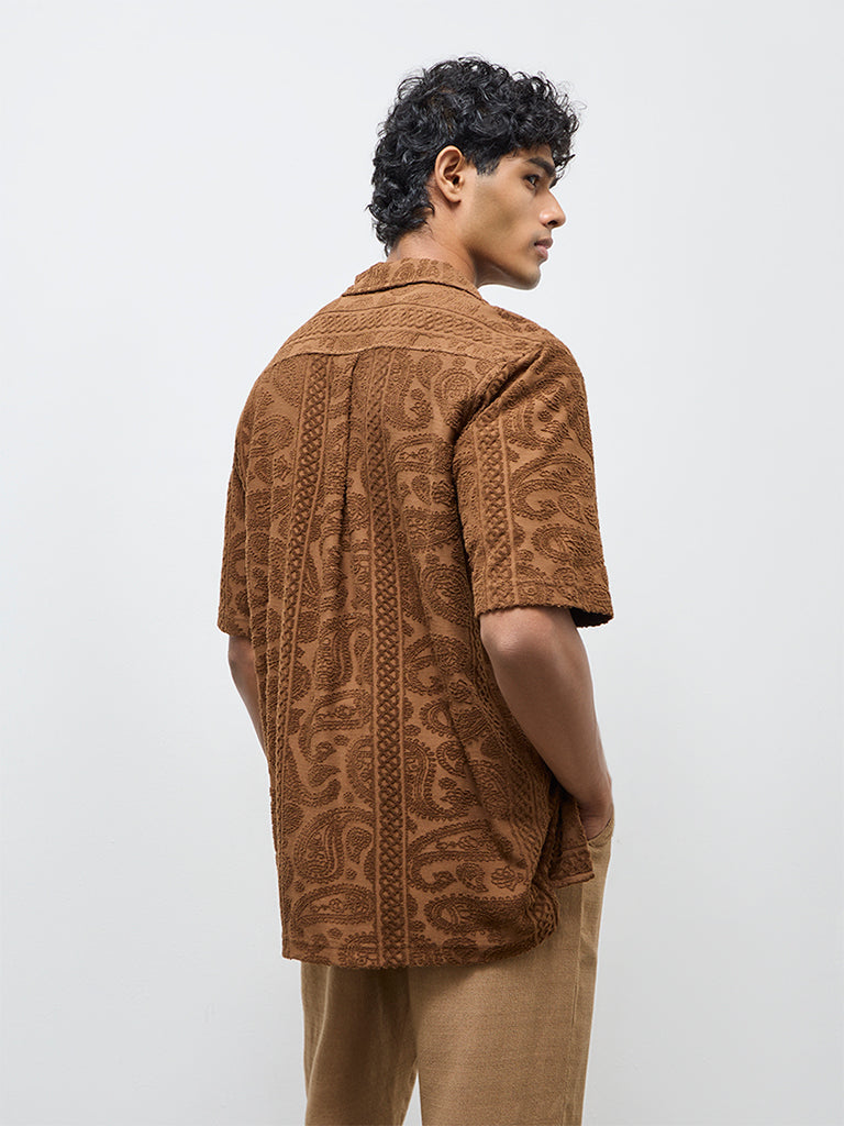 ETA Tan Paisley Embroidered Relaxed-Fit Cotton-Blend Shirt