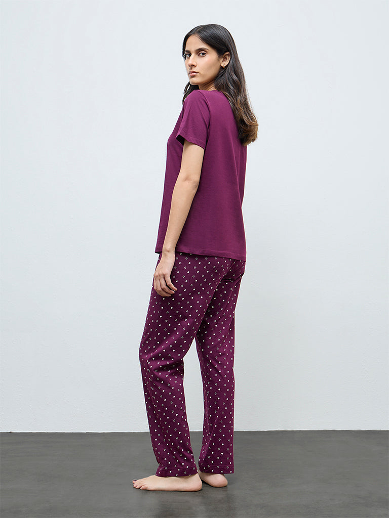 Wunderlove Plum Printed Cotton Pyjamas Set In A Bag