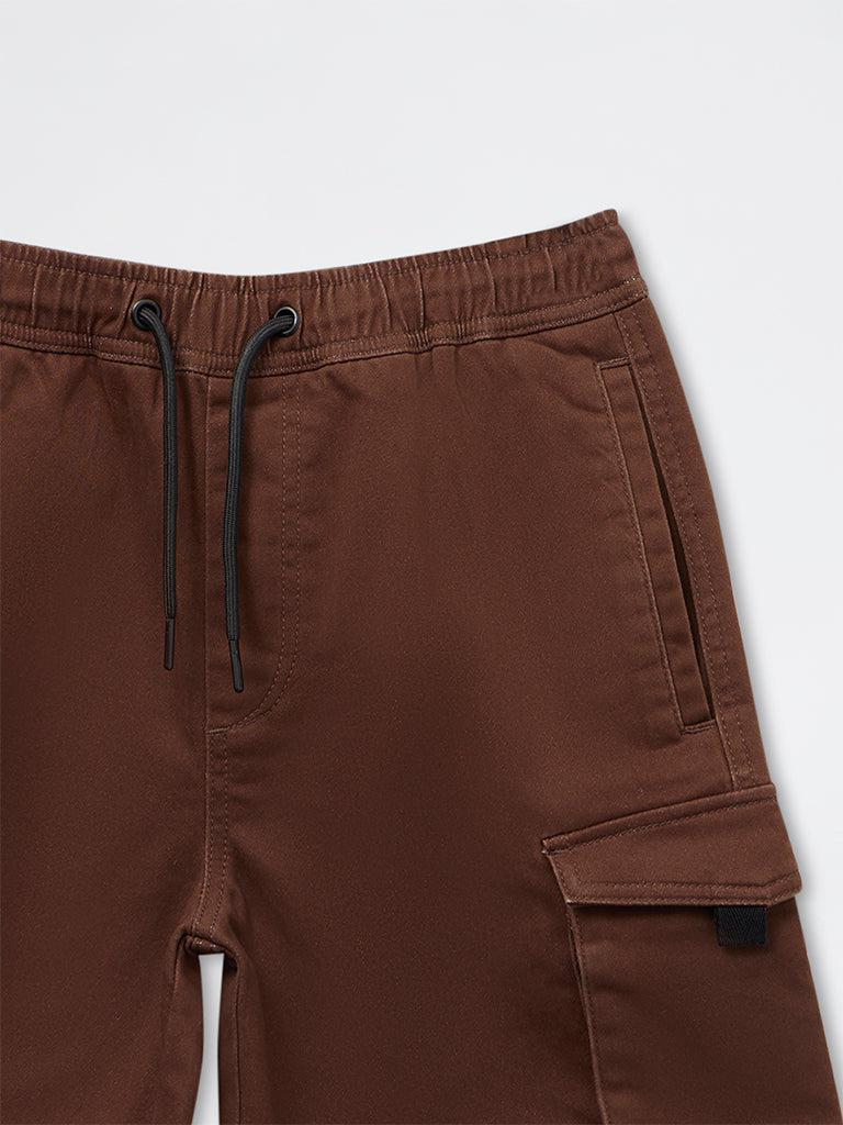 Boys Brown Mid-Rise Cotton-Blend Shorts