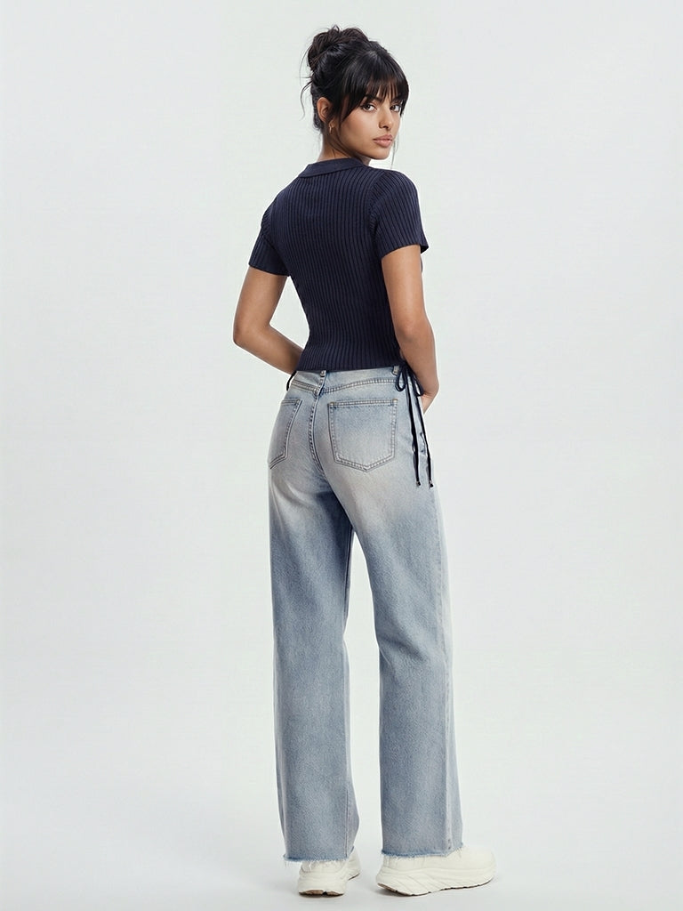 Nuon Navy Ribbed Side-Tie Top