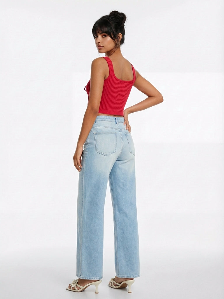 Nuon Red Ribbed Lace-Up Crop Top