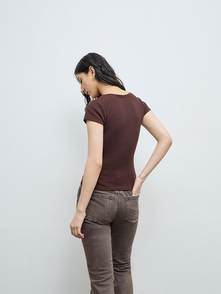 Nuon Dark Brown Ribbed Cotton-Blend T-Shirt