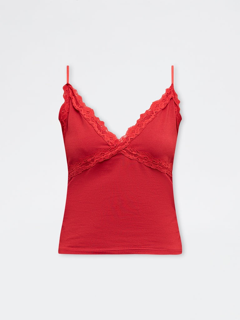 Nuon Red Lace Cotton-Blend Top