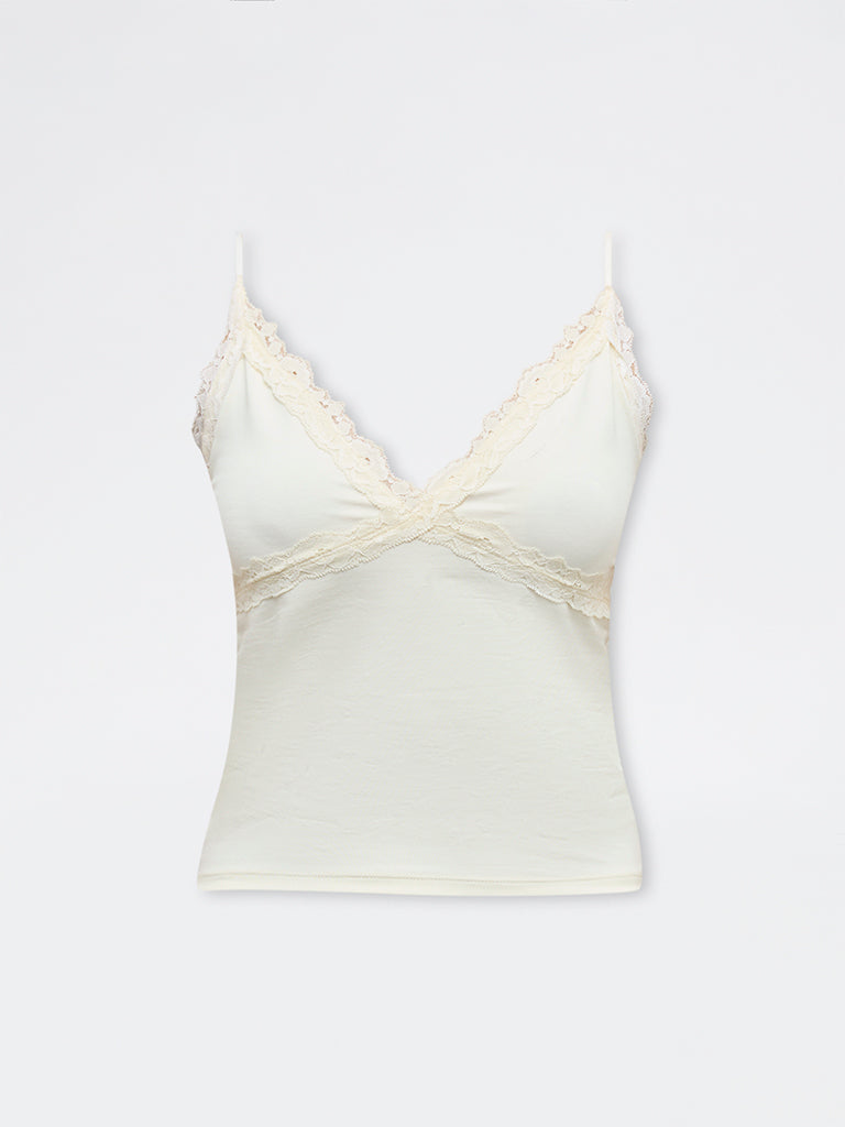 Nuon Light Yellow Lace Cotton-Blend Top