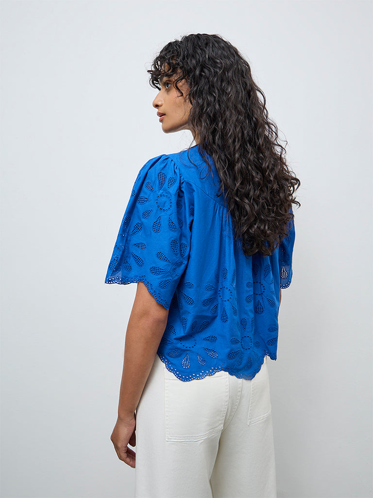LOV Blue Schiffli Embroidered Cotton Top