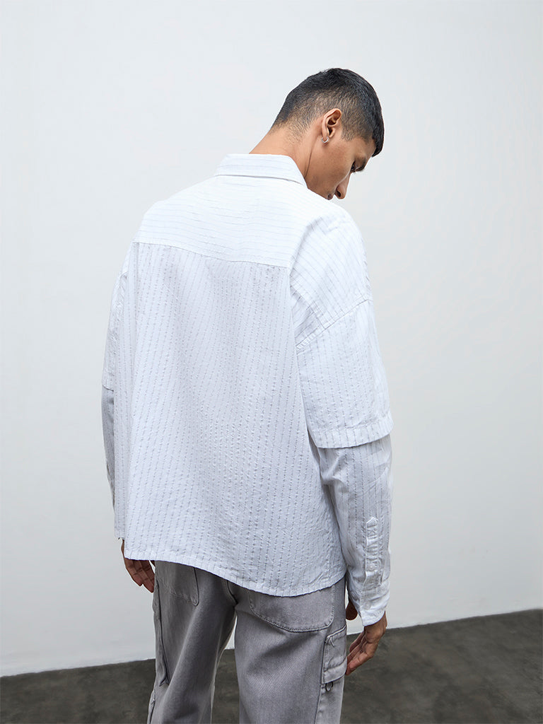 Nuon White Pinstriped Relaxed Fit Cotton Shirt